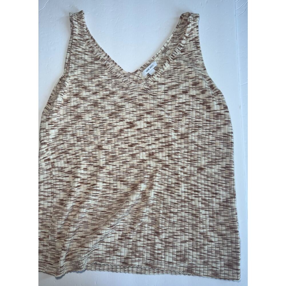 Nine West Womens Large Sleeveless Rib Knit Tank Top Brown Cream Space Dye